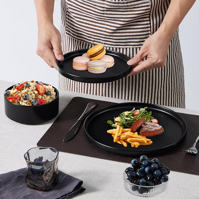 E-far Stoneware Dinnerware Sets, 12-Piece Plates and Bowls Dish Set for 4, Kitchen Modern Dinning Ware, Chip and Scratch Resistant, Microwave & Dishwasher Safe, Matte Black