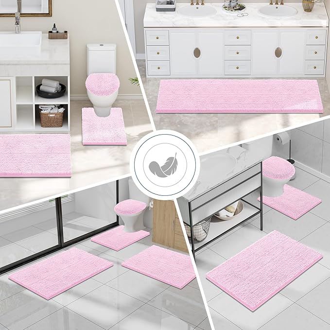 Smiry Luxury Chenille Bathroom Rugs 70x24, Extra Soft and Absorbent Shaggy Bath Mat, Machine Washable, Non-Slip Plush Carpet Runner for Tub, Shower, and Floor, Home Decor Accessories, Pink