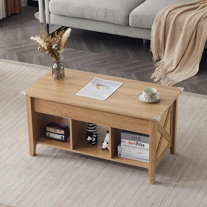 VINGLI Lift Top Coffee Table, Oak Top with Rattan Frame, Farmhouse Cross-Sided Design, with Storage Shelf/Hidden Compartment, Gas Lift Mesa De Centro para Sala Pop Up Coffee Table