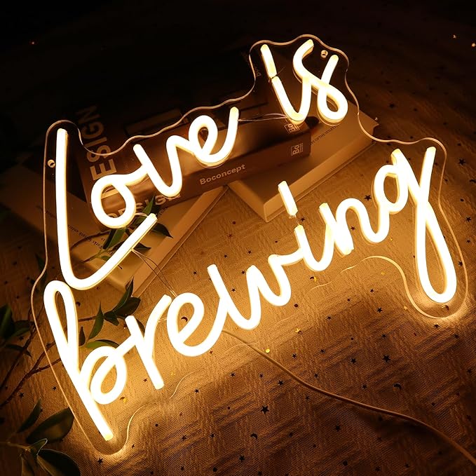 Love Is Brewing Neon Sign for Wall Decor, Warm White Led Signs for Bridal Shower, USB Dimmable Neon Lights for Bedroom Home Coffee Themed Bar Wedding Engagement Party Garland Decoration