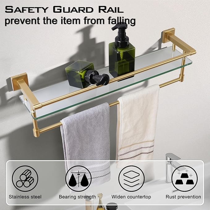 Bathroom Glass Shelf with Towel Bar/Rack 24 inches Wall-Mounted Shelves Tempered Glass Sink Toilet Organizer Shower Towel Decorative Storage (Polished Gold Finish)
