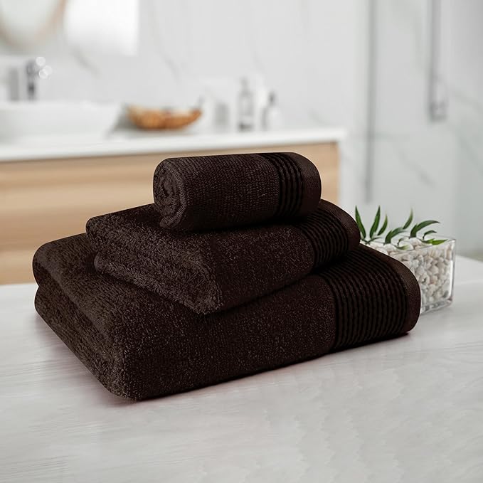 Belizzi Home Ultra Soft 3 Pack Cotton Towel Set, Contains a Bath Towel 28x55 inch, a Hand Towel 16x24 inch & a Wash Coth 12x12 inch, Ideal Everyday use, Compact & Lightweight -Chocolate Brown