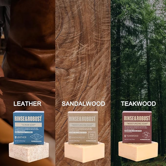 Rinse & Robust Mens Bar Soap Bath Bar Soap 3Pack Handmade Natural Soap Bar Set Cleansing Bar Moisturizing&Exfoliating Scrub Soap Fathers Day Gift Set | Leather, Sandalwood, Teakwood | 3.5 oz of 3 Bars