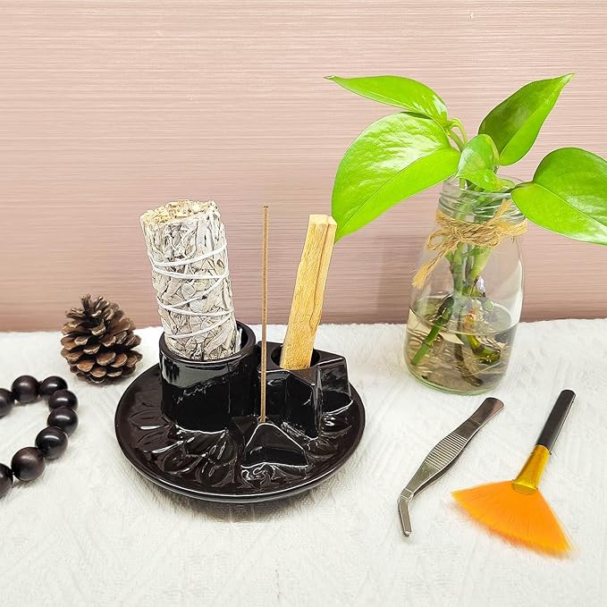 Sage and Palo Santo Holder,4 in 1 Incense Burner Holder for Sticks,Ceramic Sage Holder for Burning,Candle Holder,Ash Catcher Tray for Meditation Yoga,Black
