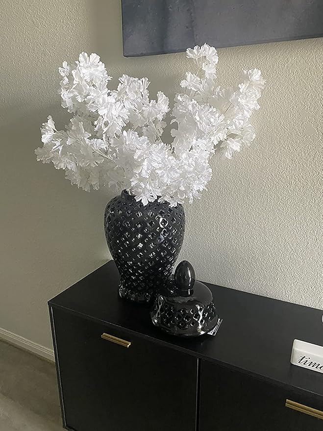Pusuny Artificial Faux Cherry Blossom Branches Decor, 35 Inch for Tall Floor Vase Used as Wedding Home Decoration, Fake White Flowers for Dinner Table Centrepiece, White, 5PCS