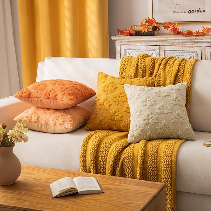 Maple Leaf Fall Throw Pillow Covers 18"x18" Set of 2, Beige Farmhouse Decorative Pillow Covers for Autumn Harvest Holiday Accent Pillow Cases, Faux Fur Pillow Covers for Couch Bed Room