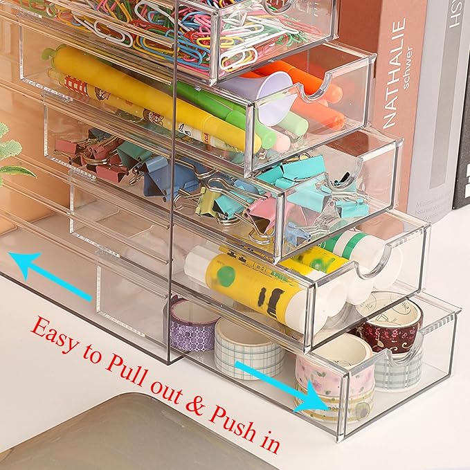 Hipiwe Plastic Drawer Organizer Clear Desktop Drawers Box with 6 Pull Out Drawer Compact Storage Box for Cabinet Vanity Bathroom Bedroom Pantry Shelf Office or Closet Organization