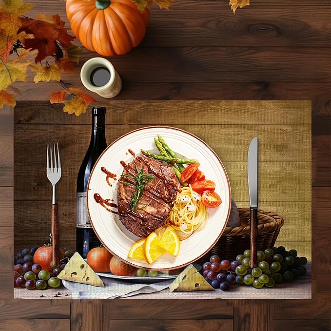 Wine Cheese Placemats Set of 6,Washable Heat Resistant 12×18 Inch Linen Table Mats Vintage Place Mats for Party Outdoor Dining Décor