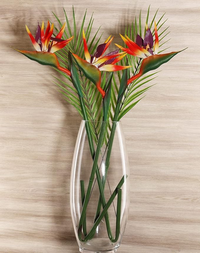 Bird of Paradise Artificial Flowers Rubber Strelitzia 32'in Long Stem Flower 3 Pcs,Suitable for DIY Home Decoration Party Theme Display (Orange red)