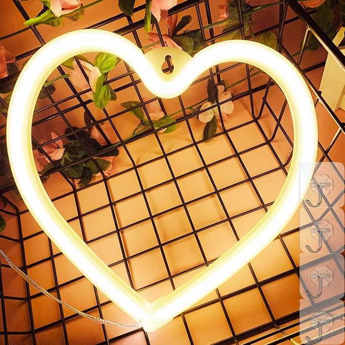 LED Light Neon Sign Room Decor - Yellow Night Light for Valentines Day - Hanging USB/Battery Operated Heart Lights for Window (Warm White)