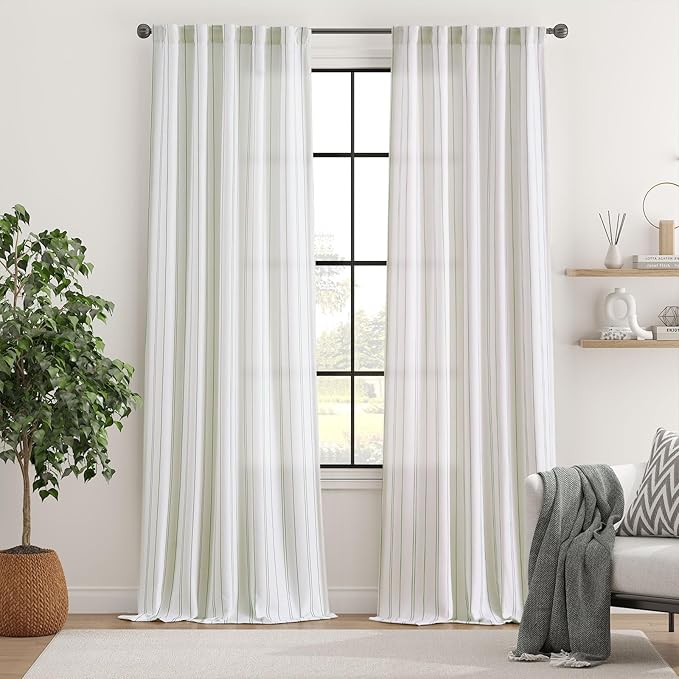 jinchan Green and White Striped Curtains 96 Inches Long for Living Room Bedroom Green on White Curtains Pinstripe Drapes Privacy Light Filtering Rod Pocket Modern Window Treatments Set 2 Panels