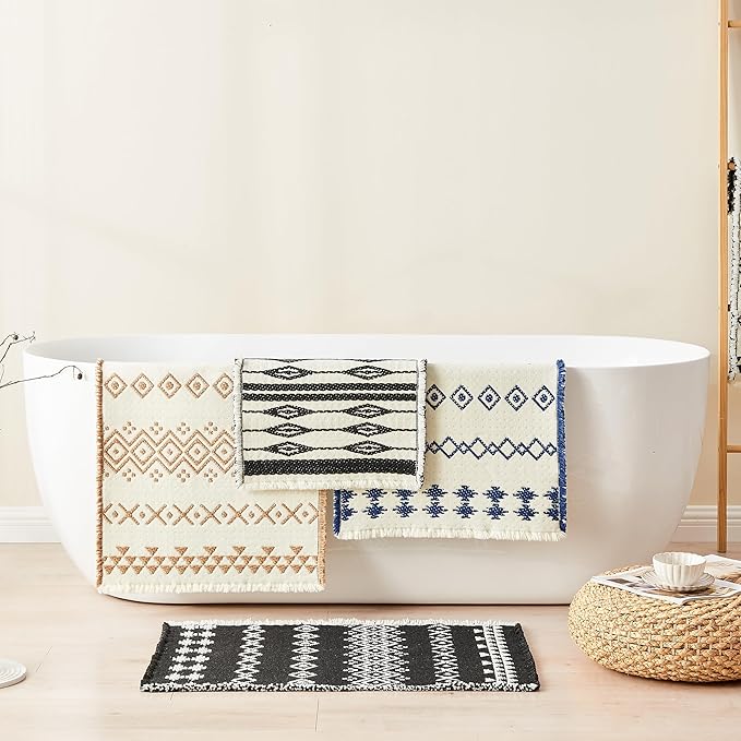 Douceur Boho Bath mat for Bathroom Floor Non Slip, Acrylic Blend Cute Bath Rugs with Tassels, Farmhouse Bathroom Rugs with Geometric Tribal Ethnic Pattern Design in Black and Cream White, 16" x 23.6"