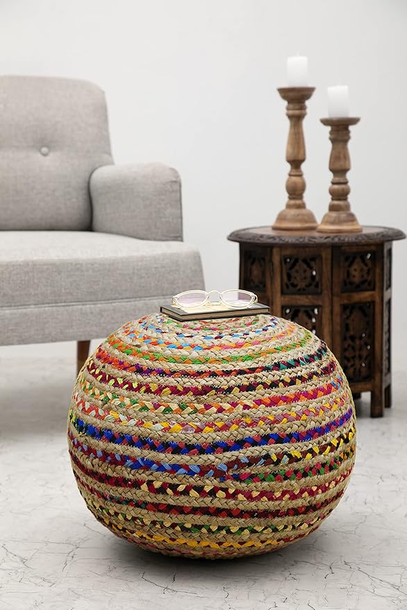 COTTON CRAFT Jute Chindi Pouf Ottoman – One of a Kind Jute Cotton Braided Moroccan Boho Kilim Foot Stool Bean Bag Accent Seating – Bedroom Dorm Kids Room Rustic Decorative Round Pouf – 18x14 - Multi