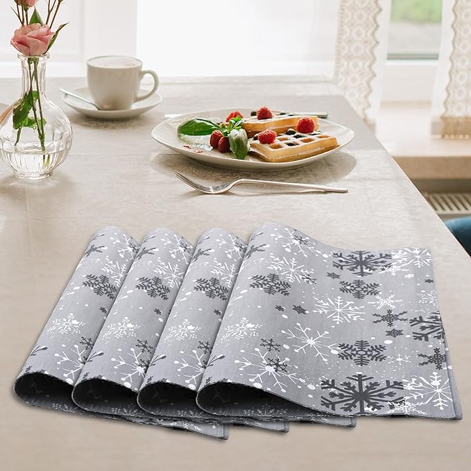 Urban Villa Placemats Grey Snowflake 100% Cotton Fused Tablemats for Dining 14''x20'' Over Sized Set of 6 Placemats for Christmas Celabrations Wedding Parties Every Day Use Heavier Quality Placemats