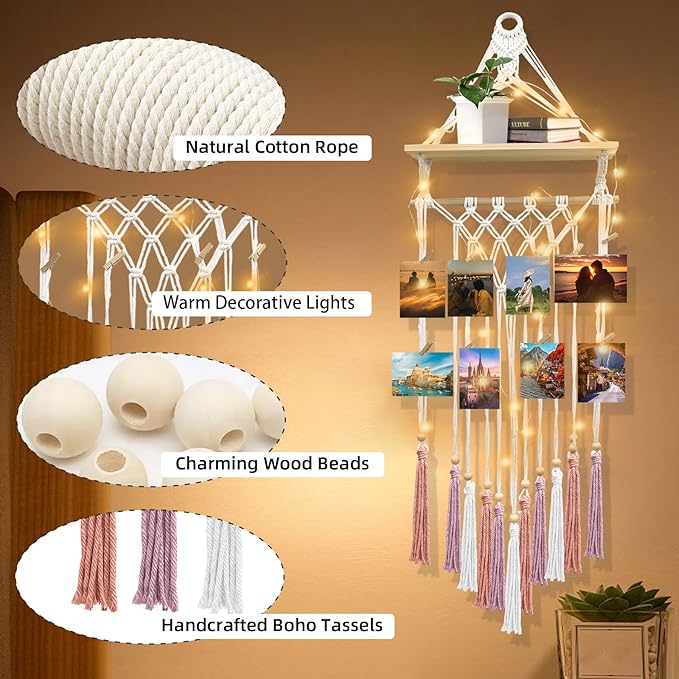 Macrame Wall Hanging Bohemian Photo Display Holder with Wooden Shelf Tassels Decorative LED Light Strings Hooks 20 Clips Boho Art Picture Card Hangers Handmade Tapestry Romantic Gift - Pink