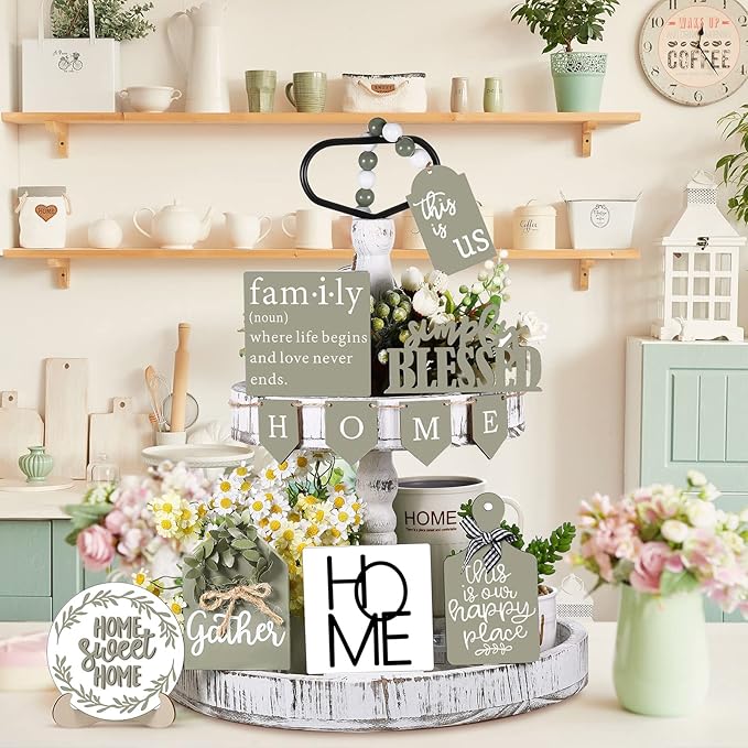 Set of 11 Summer Farmhouse Tiered Tray Decor Rustic Home Tiered Tray Decorations Set Home Wooden Signs This is Us Farmhouse Tabletop Wood Signs for Kitchen Table Decor