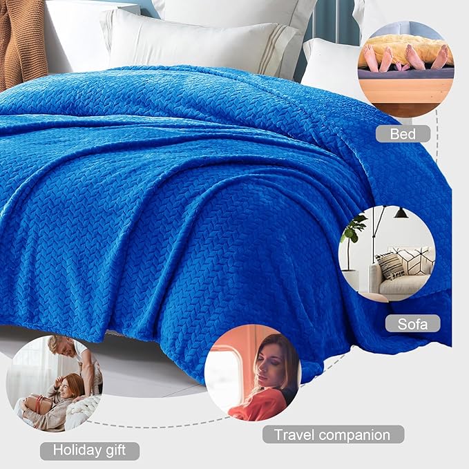 Exclusivo Mezcla Cobalt Blue Fleece Throw Blanket for Couch and Bed, 50x70 Inches Soft Cozy Jacquard Flannel Blankets, Lightweight Fuzzy Plush Warm Throws for All Seasons