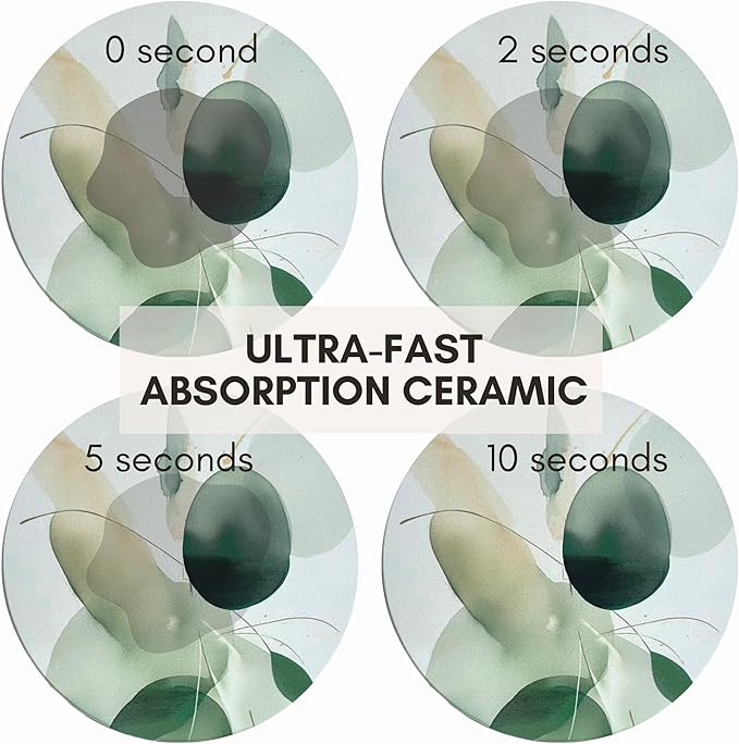 Ceramic Absorbent Coasters Set of 6 with Holder, Marble Drink Coasters for Coffee Table, Water Absorbing Coaster (Sage Blots)