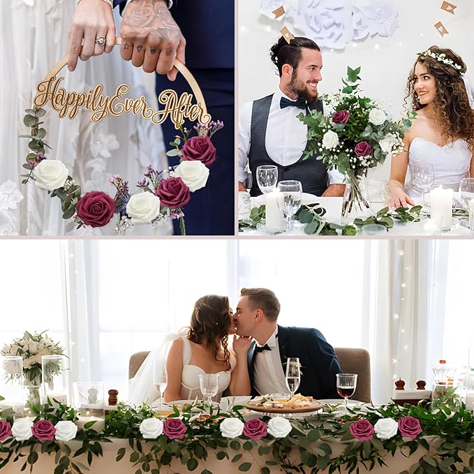 Artificial Flowers White Roses Real Looking Foam Fake Roses with Leaves and for DIY Wedding Bouquets Bridal Shower Centerpieces Party Decorations (Wine red & White, 50)