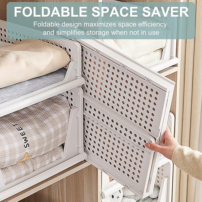 Stackable Foldable Storage Baskets, Folding Storage Bins, Closet Organizers and Plastic Drawer Shelf Storage Container for Wardrobe, Cupboard, Kitchen, Bathroom, Office (White, 2L2S)
