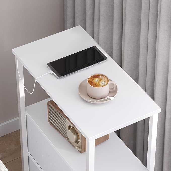TUTOTAK Set of 2 Small Narrow End Table, Side Table, Nightstand with Cloth Drawer, Couch Table, for Living Room, Bedroom, Bedside, White TB01BW057