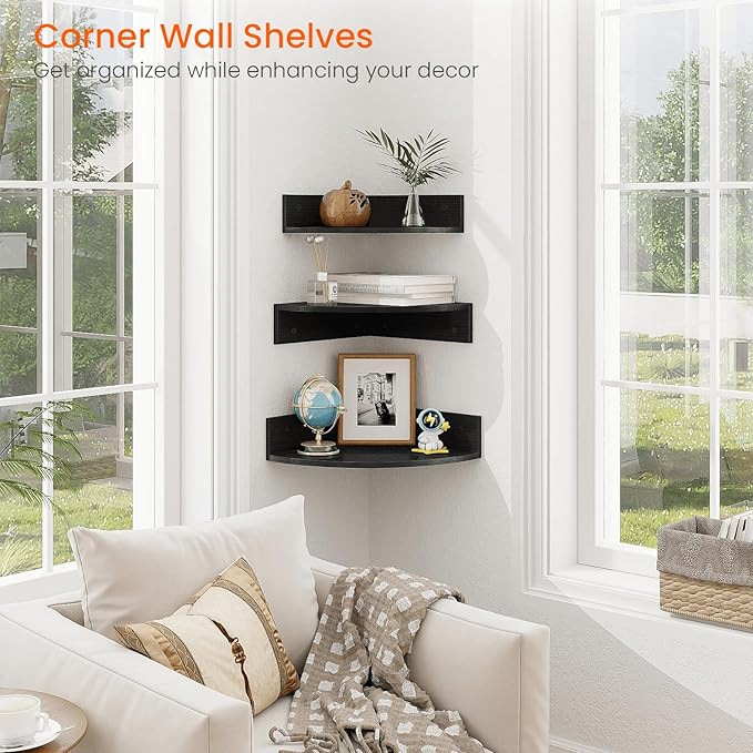 Homode Corner Floating Shelves, Set of 3 Corner Shelves Wall Mounted with Cable Hole, 3 Tier Wooden Hanging Corner Storage Shelf for Bedroom, Living Room, Kitchen, Black