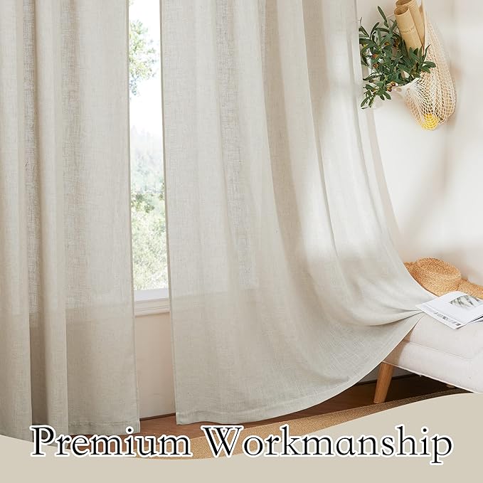 RYB HOME Linen Sheer Curtains Rich Linen Woven Soft Absorbent Drapes UV Rays Protection Light Filtering for Party Backdrop, Farmhouse, Doorway, Lobby, Hotel, W 52 x L 108 inch, 2 Pack, Angora