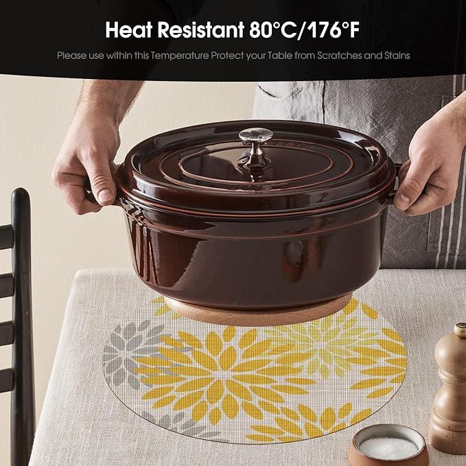 Artoid Mode Yellow Dahlia Plastic Round Placemats Set of 4, 14 Inch Seasonal Wipeable Woven Vinyl Table Mats for Farmhouse Party Kitchen Dining Decor
