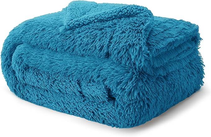 Bedsure Fluffy Bright Blue Blankets Queen Size for Bed, Thick Sherpa Faux Fur Fleece Fuzzy Plush Winter Warm Soft Full Queen Blankets, Bedroom Decor Blue Gifts Cozy Gifts for Women Men, 90x90