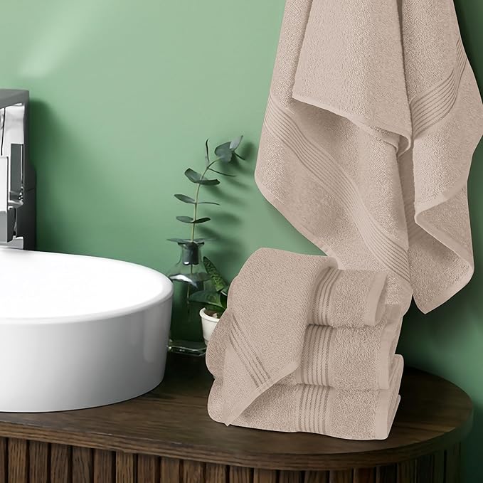 Elvana Home Ultra Soft 6 Pack Cotton Towel Set, Contains 2 Bath Towels 28x55 inch, 2 Hand Towels 16x24 inch & 2 Wash Coths 12x12 inch, Ideal Everyday use, Compact & Lightweight - Tan