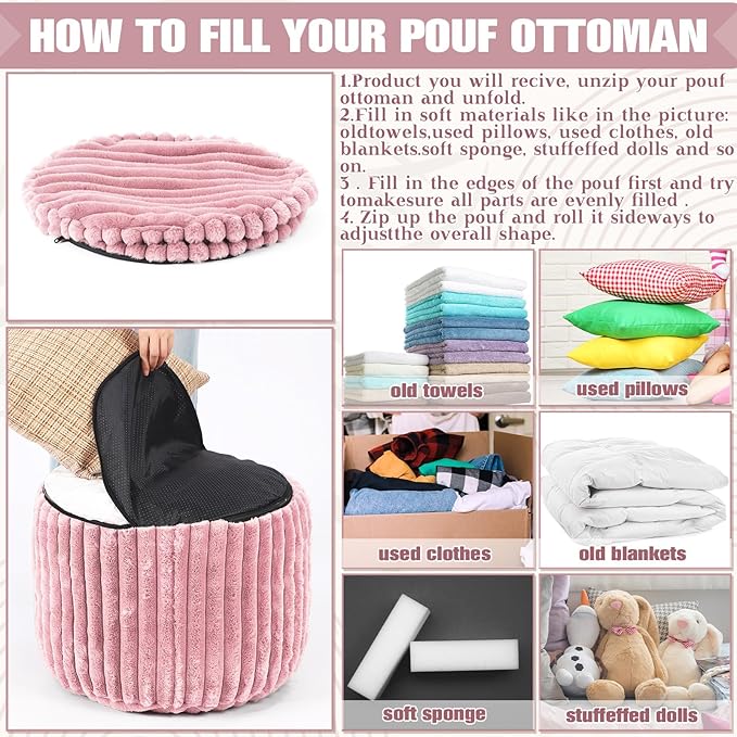 2 Pcs 20 x 15 Inch Unstuffed Pouf Cover Ottoman Foot Rest - No Filler, Faux Rabbit Fur Foot Stool Floor Bean Bag Floor Chair Storage for Living Room Bedroom Home Decor(Pink)