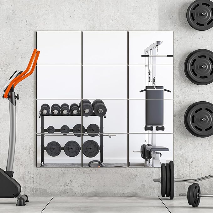 Wall Mirror Tiles, 16"x12"x12PCS Full Length Home Gym Mirror for Garage, Bedroom, Living Room, Over The Door