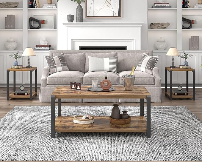 EXCEFUR Modern Coffee Table, Industrial Wood and Metal Center Table, Cocktail Tea Tables for Living Room, Rustic Brown