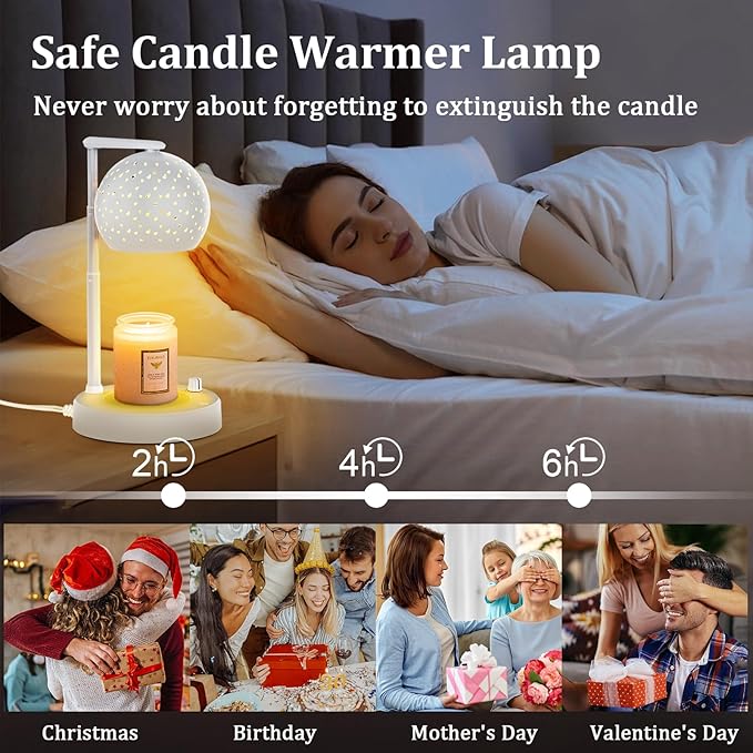 Candle Warmer Lamp with Timer and Dimmer, Gifts for Mom Women, Mothers Day Gifts Housewarming New Home Room Decor, Electric Wax Melt with 2 Bulbs, White