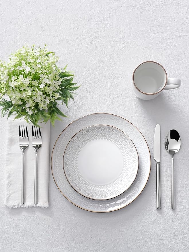 Famiware Eden Plates and Bowls Sets, Stoneware Dinnerware Sets with Gold Trim, 12 Pieces Dishes Set for 4 - Chip and Scratch Resistant, Microwave and Dishwasher Safe, White Floral