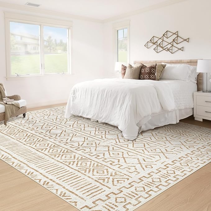 6x9 Area Rug Living Room: Washable Boho Geometric Moroccan Rug Neutral Modern Farmhouse Indoor Soft Non Slip Ultra Thin Printed Pattern Carpet for Dining Room Bedroom Nursery Home (BeigeBrown, 6'x9')