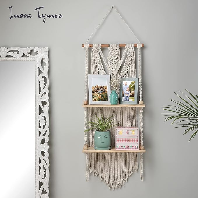 Macrame Wall Hanging Shelf - Boho Shelves Bedroom Decor | Macrame Wall Decor for Kitchen, Plant Hanger Shelves for Wall, Woven Rope Floating Shelves & Home Storage Organizer - 2 Tier