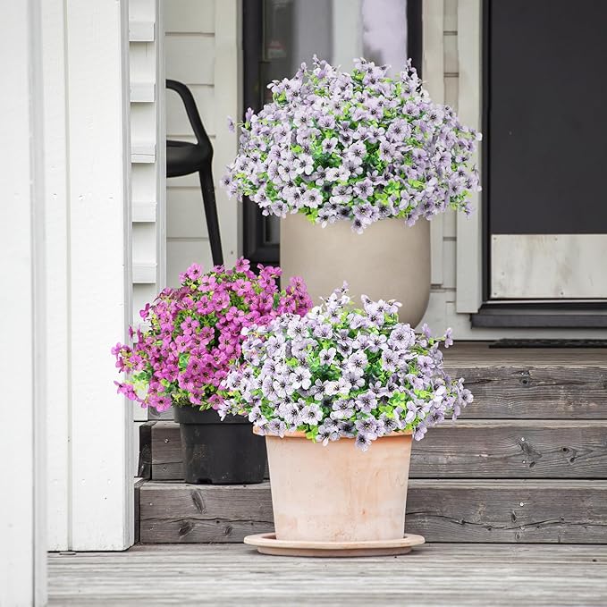 Artificial Flowers Outdoor Faux Plants UV Resistant 12 Bundles Fake Patio Flowers Plastic Greenery Plnats Outside Bulk for Spring Garden Hanging Planter Home Vase Decor, White