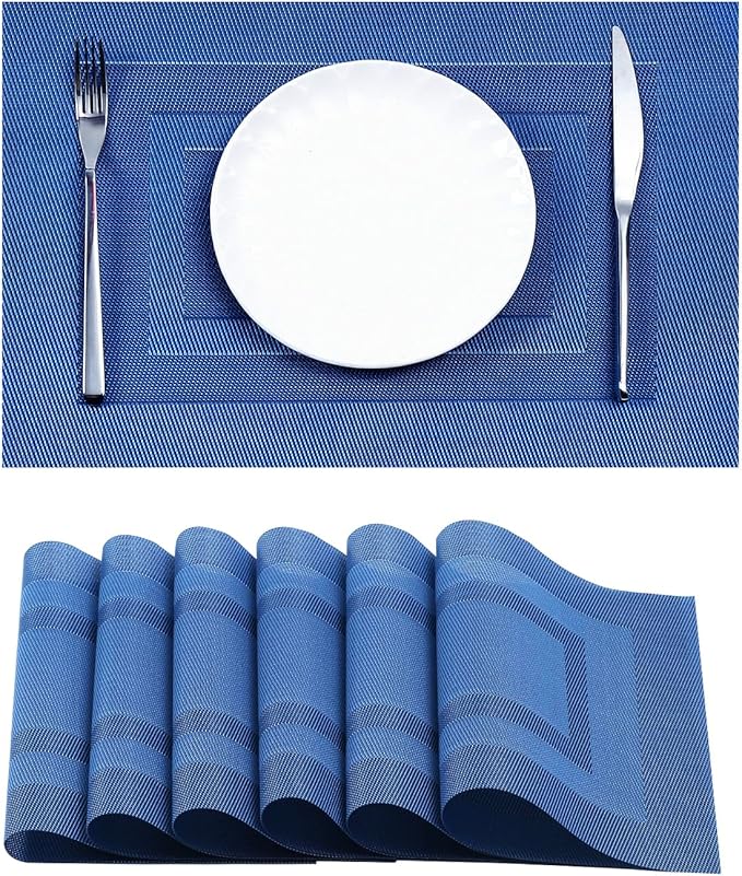 Leetaltree Blue Frame Placemats Set of 6 - Heat Resistant Non-Slip Place mats for Dining Table, Washable Durable PVC Vinyl Woven Table Mats(Blue Frame, 6)