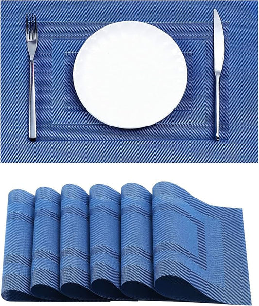 Leetaltree Blue Frame Placemats Set of 6 - Heat Resistant Non-Slip Place mats for Dining Table, Washable Durable PVC Vinyl Woven Table Mats(Blue Frame, 6)