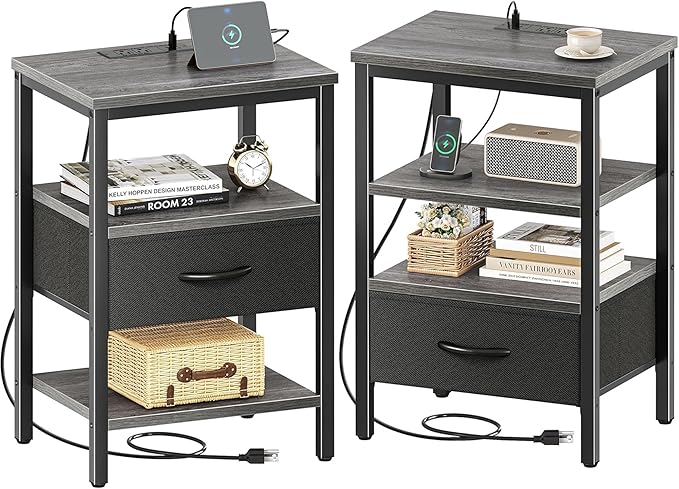 SUPERJARE Nightstand Set of 2, Bed Side Tables with Charging Station, Adjustable Fabric Drawer, Night Stand for Bedroom, 3-Tier Storage End Tables, for Living Room - Charcoal Gray 8030HC