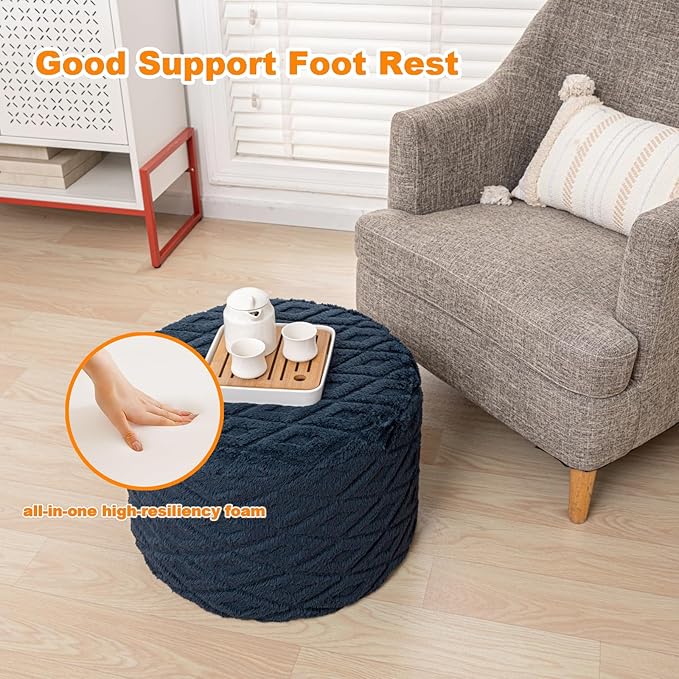 Fluffy Round Ottoman Pouf with All-in-One Foam Filling 20" x 14" Furry Ottoman Foot Rest Foot Stool for Living Room or Bedroom (Navy Blue)