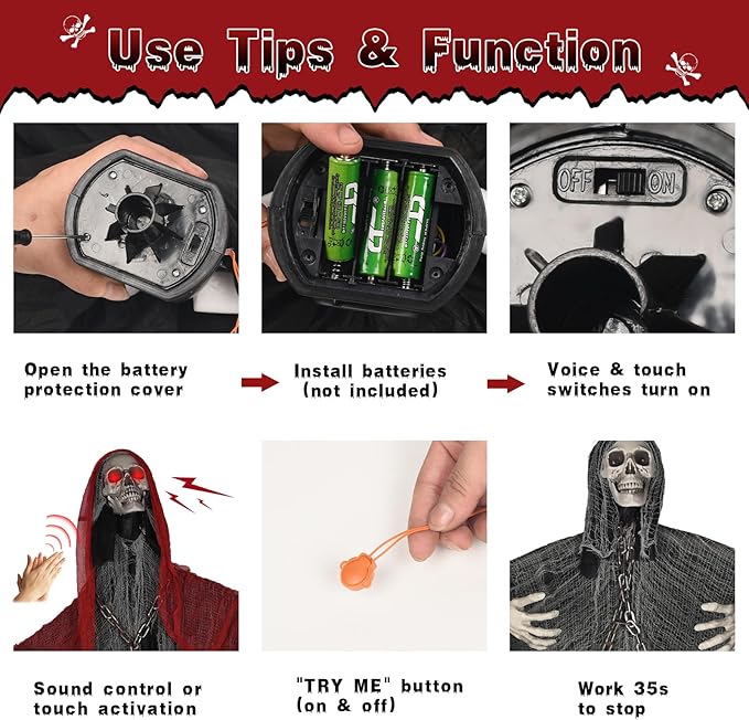 71'' Life Size Halloween Decorations, Halloween Skeleton with Light-Up Eyes & Sound Adjustable Arms Swaying Body Voice/Touch Sensing, Halloween Animatronics for Indoor/Outdoor Yard Lawn Decor, black