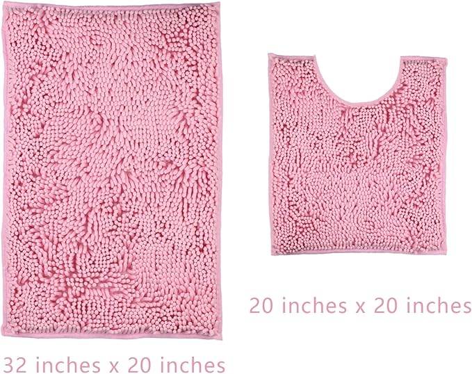 Pink Bathroom Rugs 2 Pieces Chenille Bath Rug Mat, Extra Thick and Soft Absorbent Bath Rugs, Machine Washable, Non-Slip Plush Bath Mats for Tub, Shower, and, (Pink, 32"x20"+U Shape 20"x20")