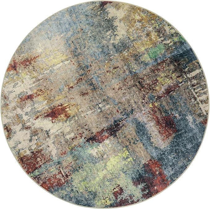 Lahome Modern Abstract Round Rug 5ft - Washable 5x5 Circle Rugs for Bedroom Dining Table Non Slip Non-Shedding, Soft Floor Carpet for Living Room Nursery Dorm Kitchen,Red/Multi