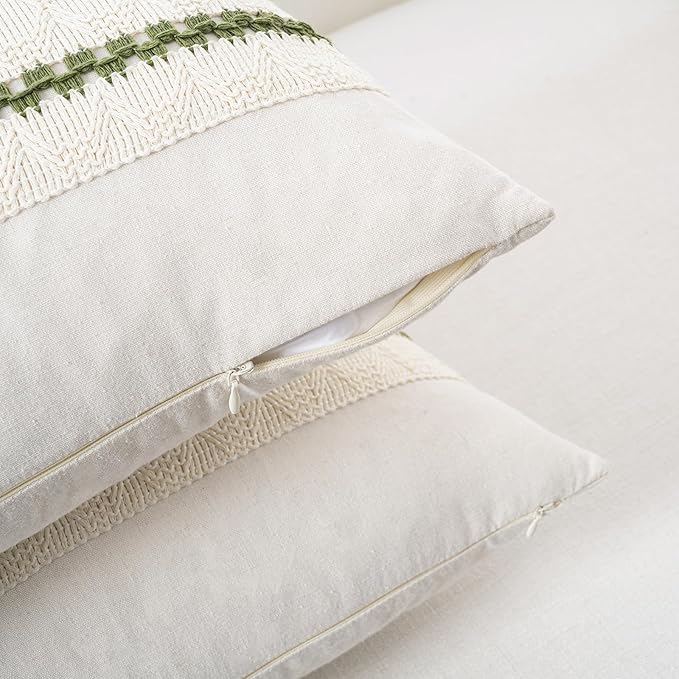 Fancy Homi Set of 2 Boho Moss Green Decorative Throw Pillow Cover 20x20 Inch for Couch Bed Sofa, Aesthetic Modern Organic Farmhouse Home Decor, Soft Cotton Cute Accent Macrame Woven Cushion Case