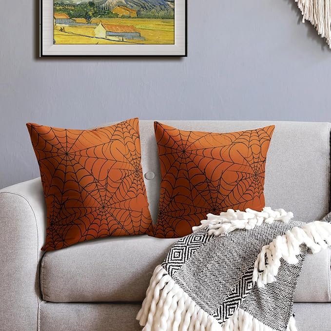 Halloween Spiderweb Pillow Covers 24x24 Set of 2 Burnt Orange Black Web Outdoor Decorative Throw Pillows Halloween Scary Themed Farmhouse Pillowcases Linen Cushion Case Decor for Home Sofa Couch Bed