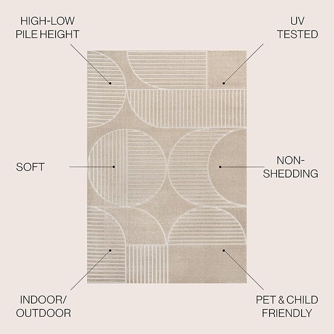 JONATHAN Y SCN104E-3 Nordby High-Low Geometric Arch Scandi Striped Beige/Cream 3 ft. x 5 ft. Indoor/Outdoor Area Rug for Patio, Backyard, Living Room, Bedroom, Office, Hose-Washable