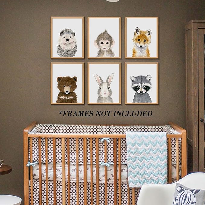 Jungle Nursery Safari Animal Decor - Cute Fawn, Fox, Rabbit, Bear Wall Art - Unframed - 12"x16" For Baby Bedroom
