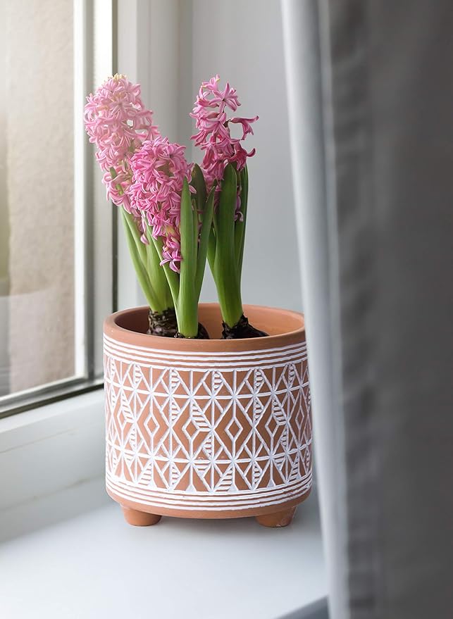 D'vine Dev Set of 2 Terracotta Planter Pots, 4 Inch & 6 Inch, Design Plants Pot with Drainage Hole, Savanna Weave, Terracotta/White, 31-953-G-1